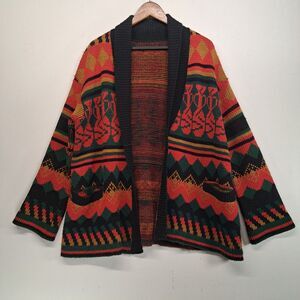 Vintage Bohemian Aztec Southwestern Knit Cardigan Red Black Green 70s 80s L / XL
